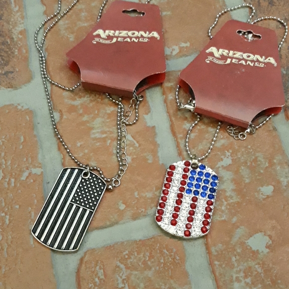 TWO USA American FLAG Dog Tags Pendant Necklaces